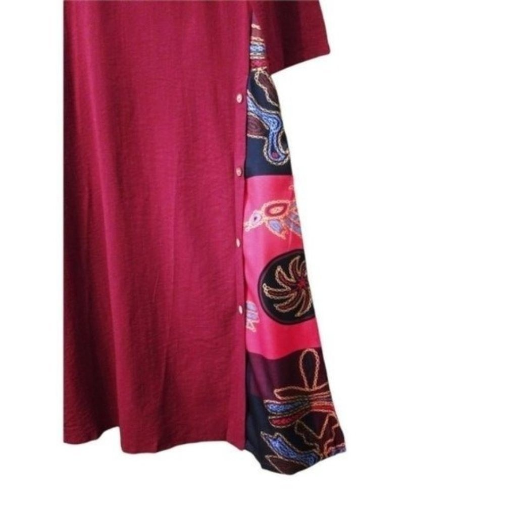 Womens Long Sleeve Maxi Dress Geometric Print Side Panel Buttons Burgundy - Picture 7 of 11
